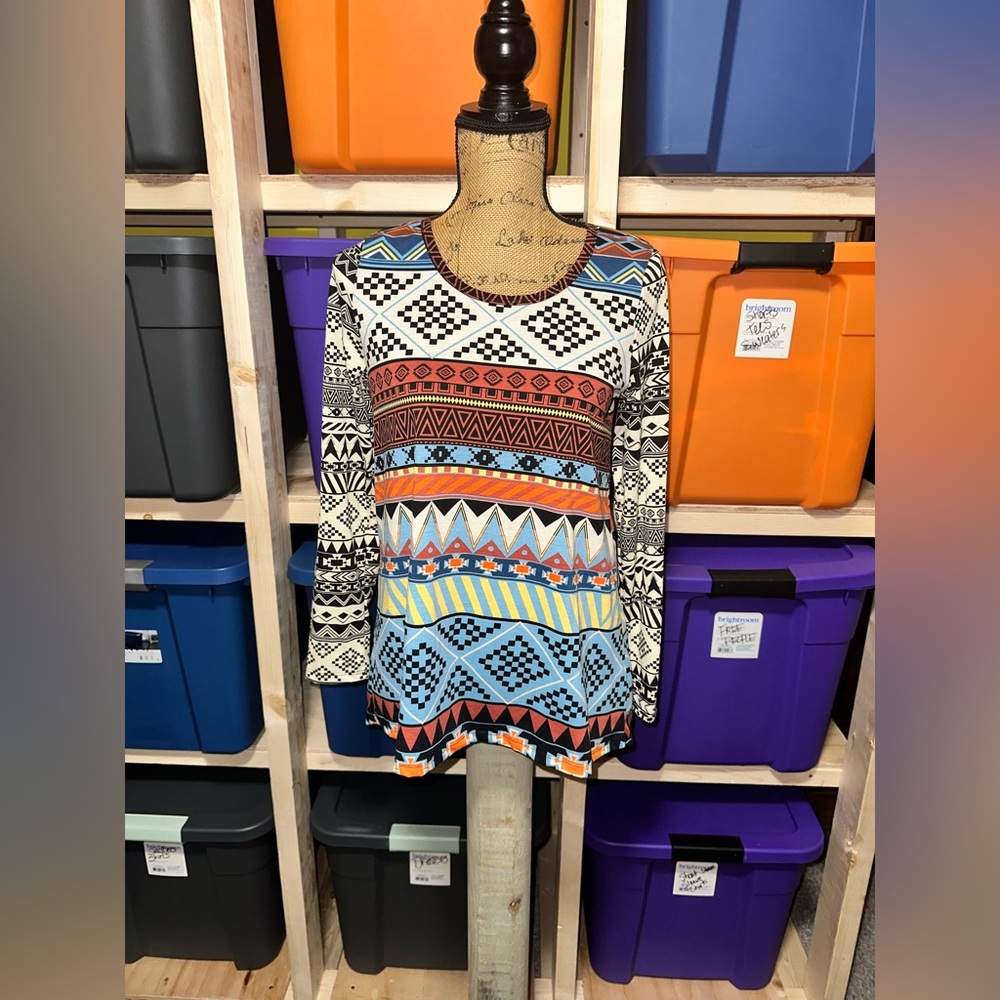 LULAROE Blue and Orange Striped Top Patterned Skirt